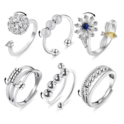 6PCS Anti Anxiety Fidget Ring for Women Open Adjustable Ring CZ Cubic Zirconia Diamond Rings Rotatable Bead Rings Bee Daisy Rings Set for Women Stress Relief