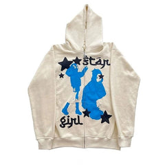 Women's Black Zip Hoodie Sweatshirt with Hip Hop Star Print