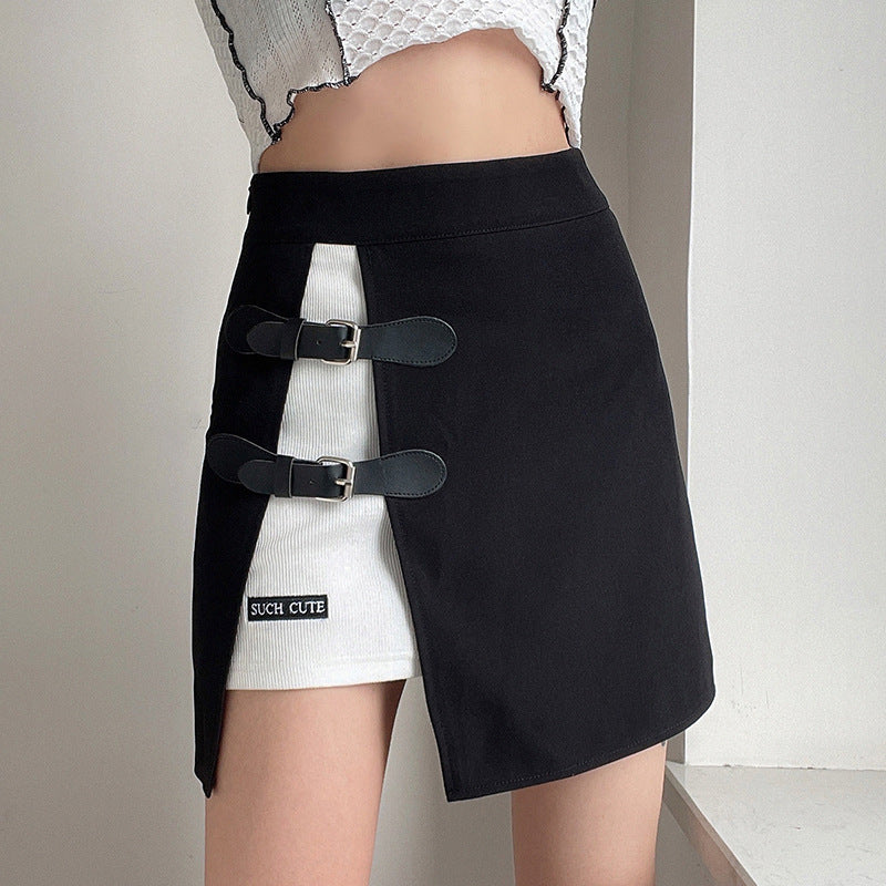 Embroidered Leather Button High-Waist Skirt