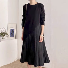 Autumn Elegance Loose Casual Patchwork Pleated Dress