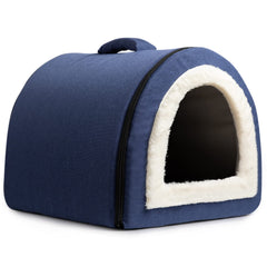 Hollypet Linen Cat Bed Self-Warming 2 in 1 Foldable Cave House Animal Shape Nest Pet Sleeping Bed Blue