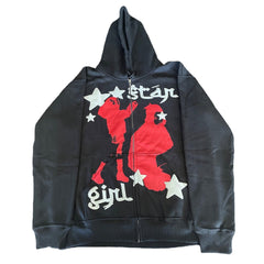 Women's Black Zip Hoodie Sweatshirt with Hip Hop Star Print