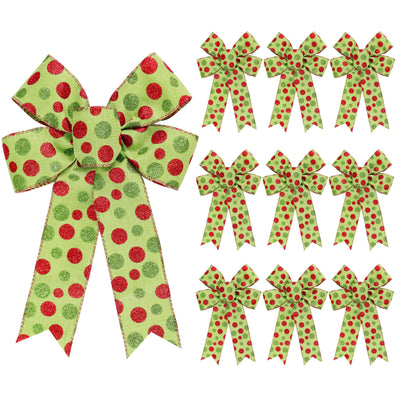 10 Pack Red Green Bows Christmas Tree Decorations9”x13” Large Wreath Bow with Glitter Red Green Dot for Xmas Home Fence Stairs Railing Fireplace Indoor Outdoor Front Door Decor