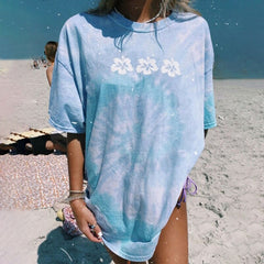 Blue Floral Print Women's T-Shirt - Casual Short Sleeve