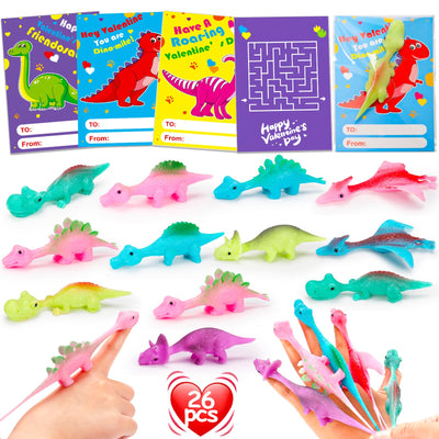 26PCS Slingshot Dinosaur Finger Toys Valentines Day Cards for Kids Classroom School Toddler Boys Girls Class Valentines Exchange Gifts Valentine Fidget Sticky Dino Party Favors Goodie Bag Box Treats