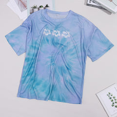 Blue Floral Print Women's T-Shirt - Casual Short Sleeve