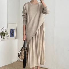 Autumn Elegance Loose Casual Patchwork Pleated Dress