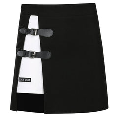 Embroidered Leather Button High-Waist Skirt