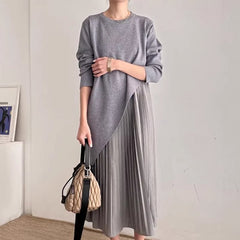 Autumn Elegance Loose Casual Patchwork Pleated Dress